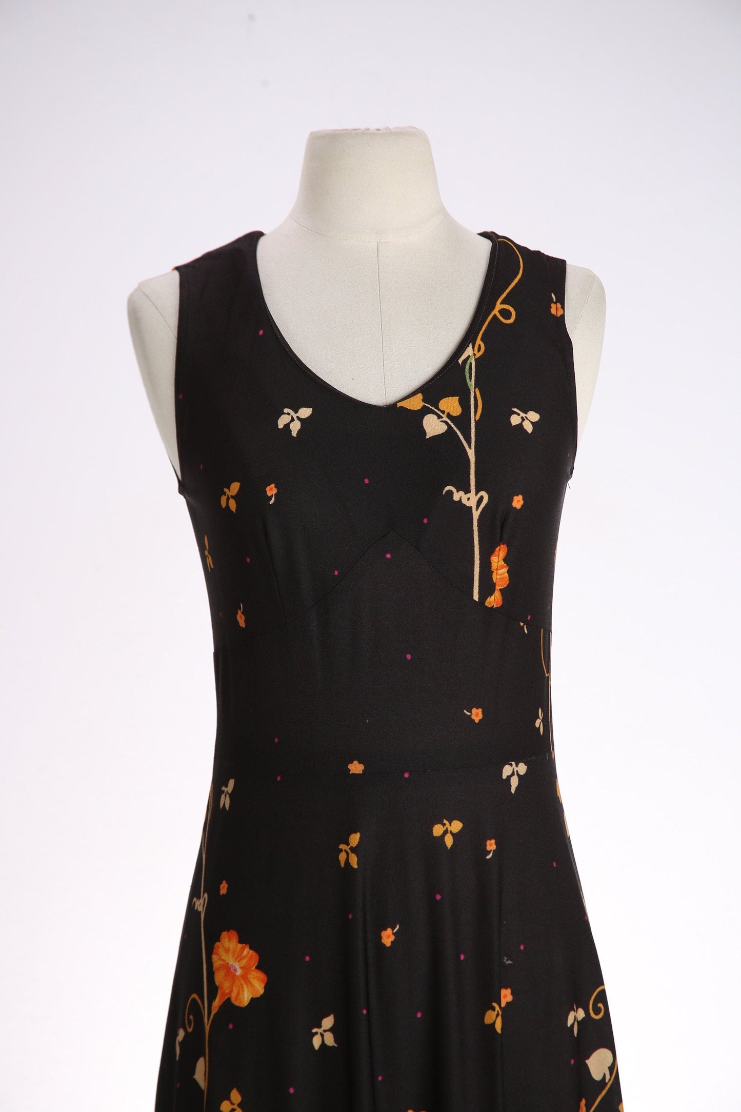 70s Women Black Floral Print Long Casual Dress