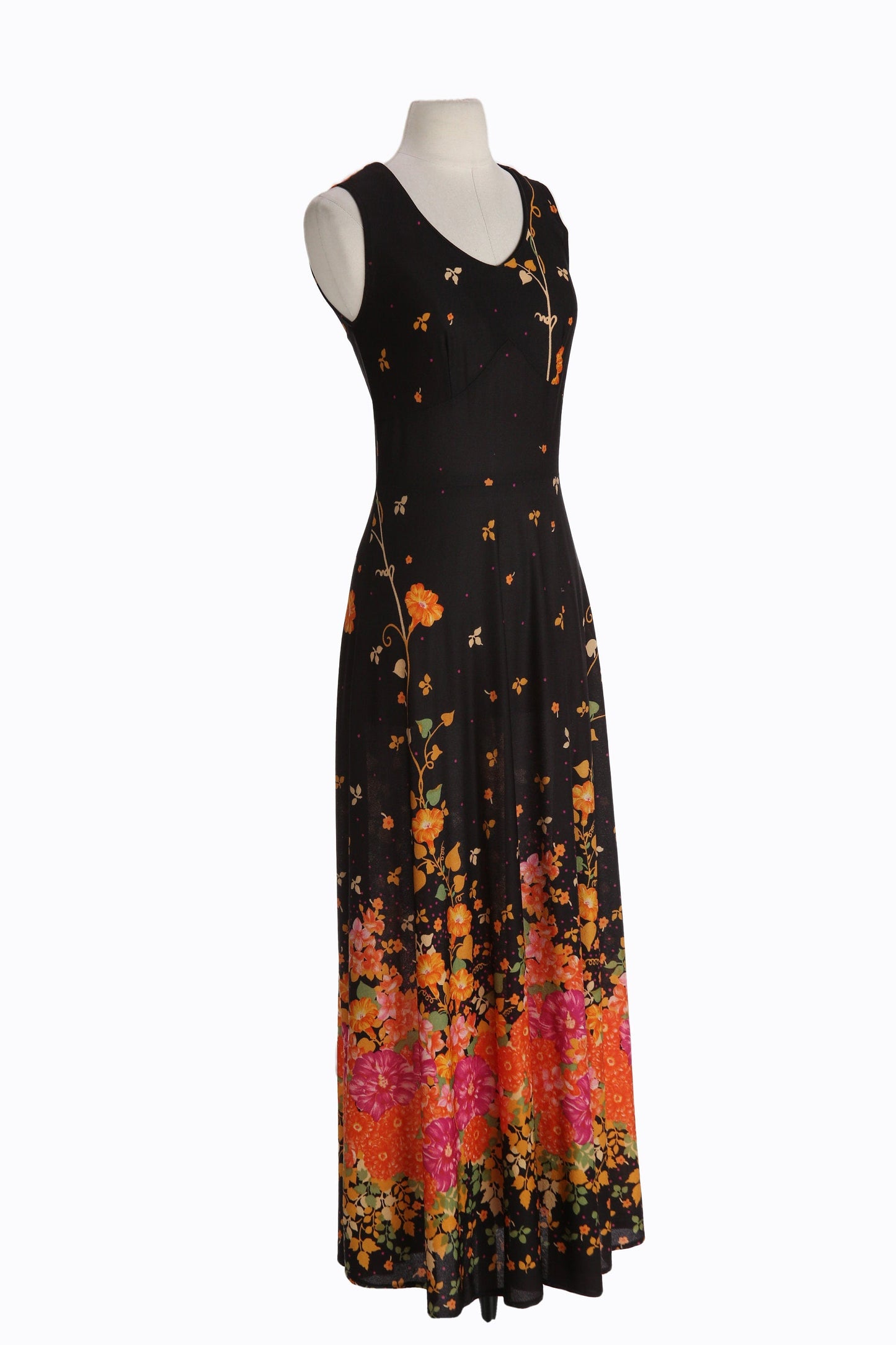 70s Women Black Floral Print Long Casual Dress