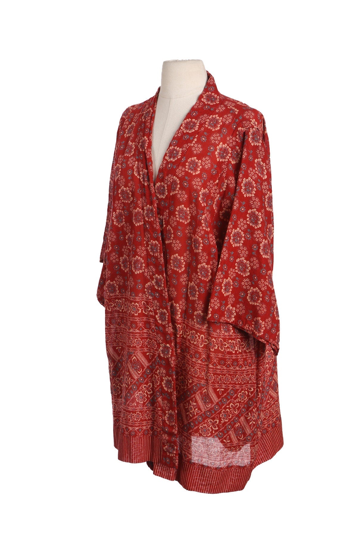 Vintage Women Red Floral Print Rayon Robe