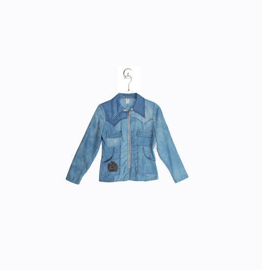 70's Blue Denim Jacket with Rhinestone Designs - Women's Size Large - Men's Size Small