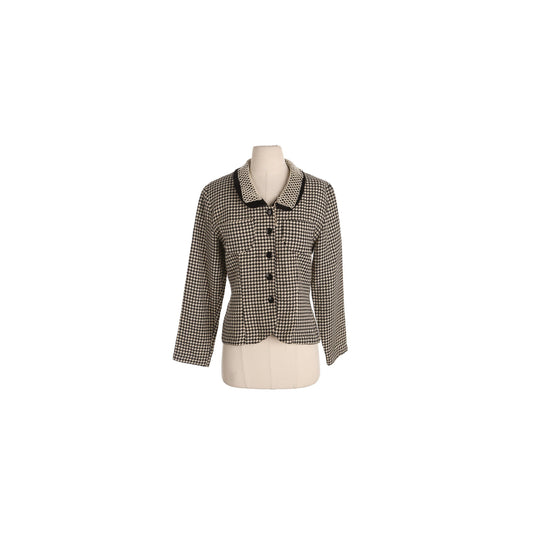 Women Houndstooth Print Casual Jacket with Collared Pearl Embroidered Details