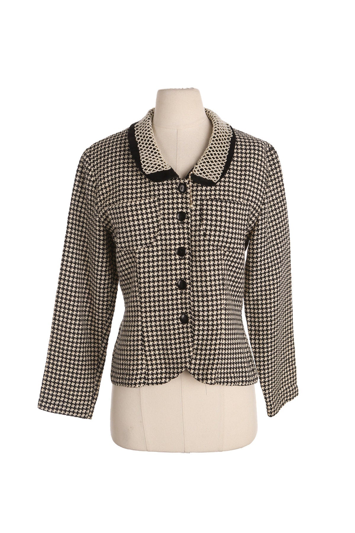 Women Houndstooth Print Casual Jacket with Collared Pearl Embroidered Details