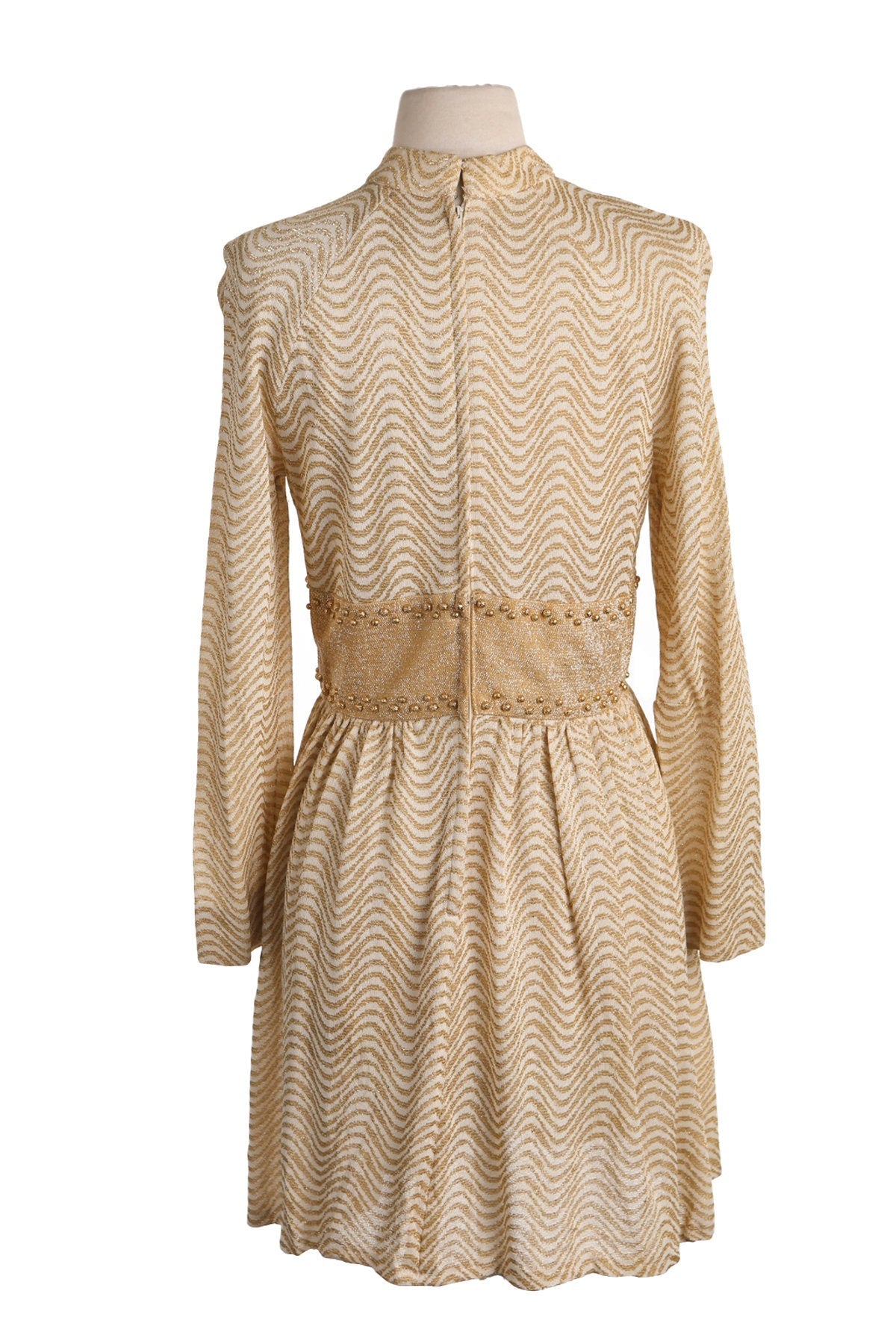 1970s Evening Dress / Golden Polyester Fabric / Long Sleeve / Disco / Studio 54