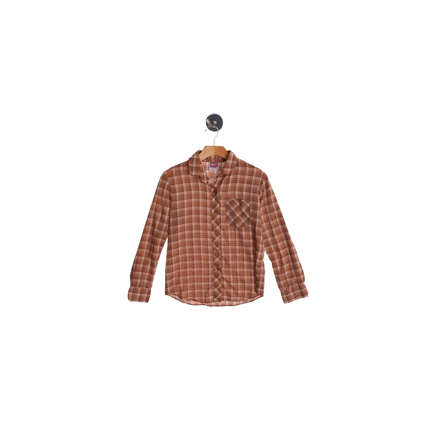 70's Women Brown Plaid Casual Button Up Blouse