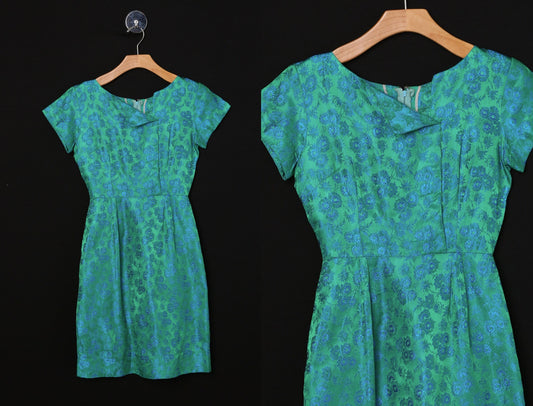 Vintage 1950s Dress / Green Floral Brocade Fabric