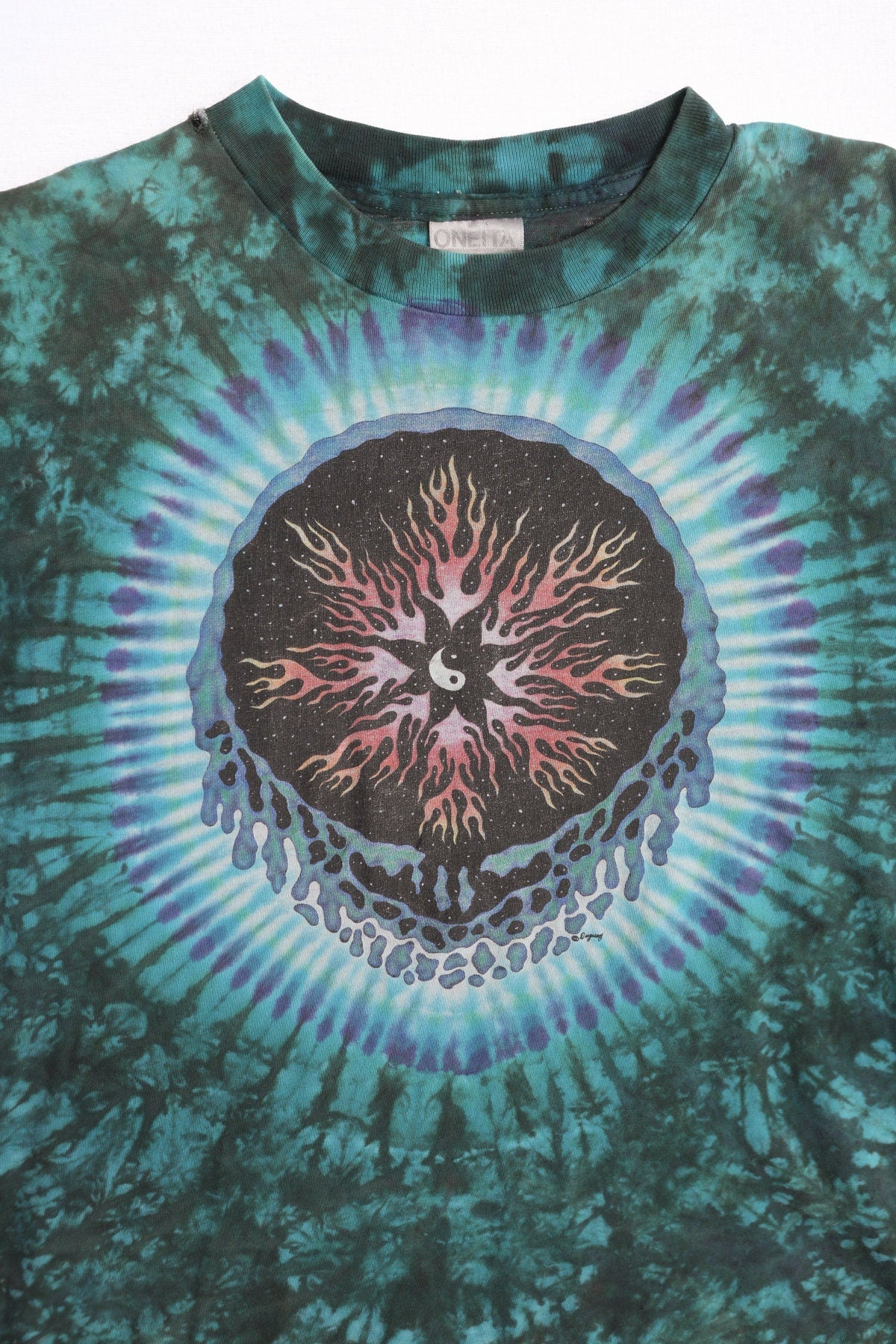 Ying Yang Acid Skull Face Green Tie Dye Graphic T-shirt