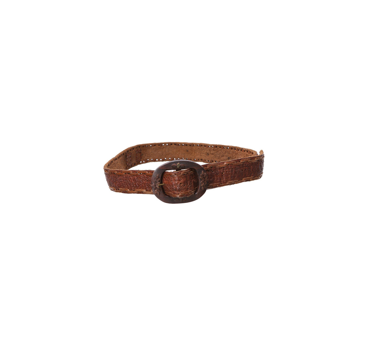 Vintage Brown Tooled Leather Belt with Wooded Belt Buckle