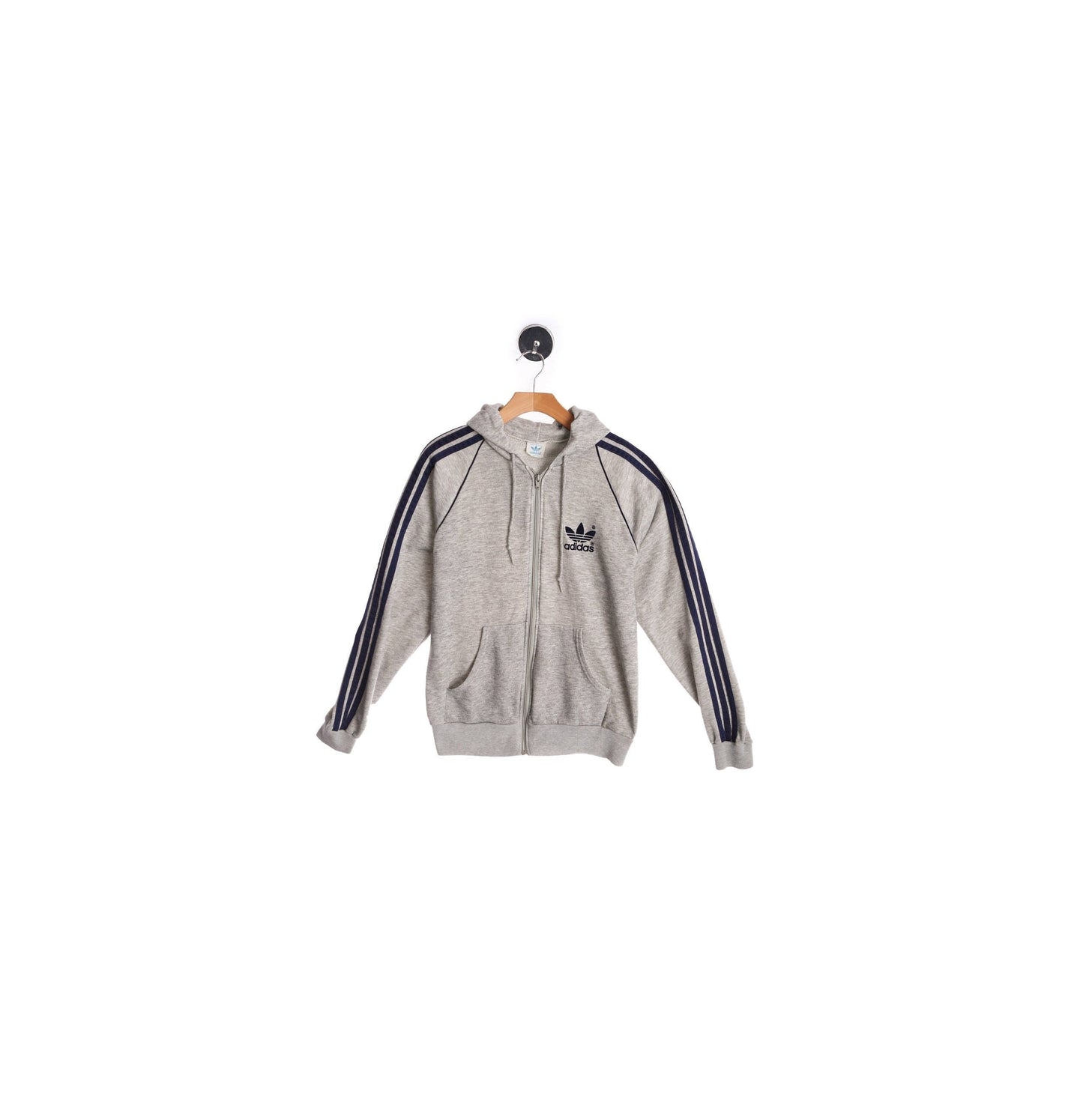 Vintage Adidas Gray Zipper Hoodie with Blue Striped Sleeves