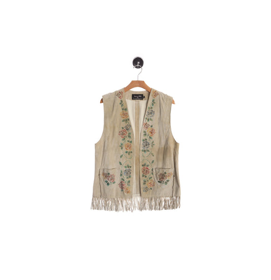 Women Beige Suede Fringed Vest with Roses Print