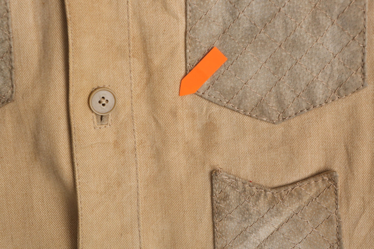 1970's Men Beige Long Sleeve Button up Shirt with Suede Shoulder Patches