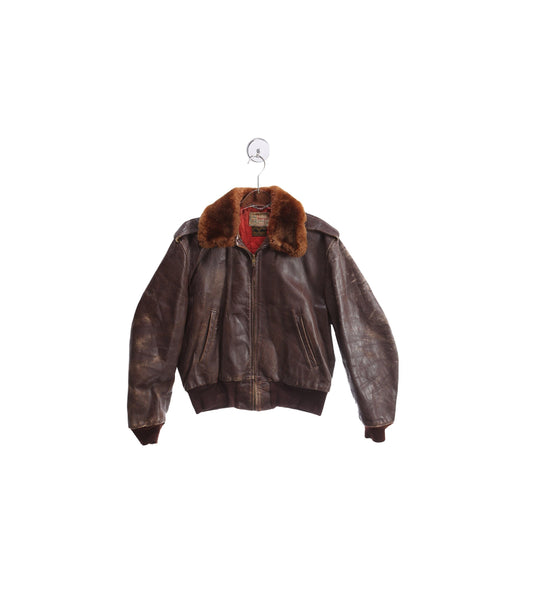 Vintage Men's Brown Leather Bomber Jacket with Fur Collar by Kiropf Sportswear - Estimated Era 1940's - 1950's