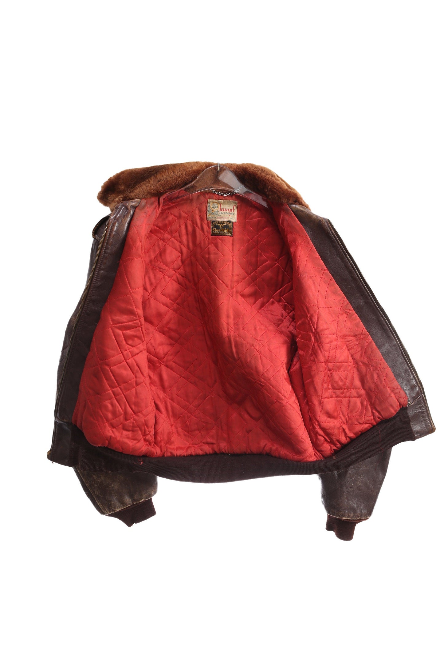 Vintage Men's Brown Leather Bomber Jacket with Fur Collar by Kiropf Sportswear - Estimated Era 1940's - 1950's