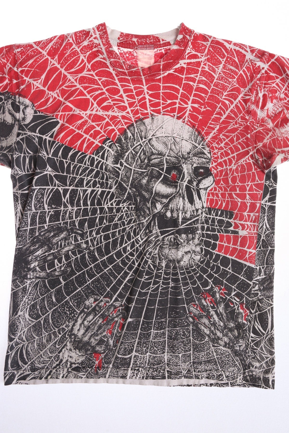 Vintage Block Print Spider Web Skull Red and Black Print T-shirt