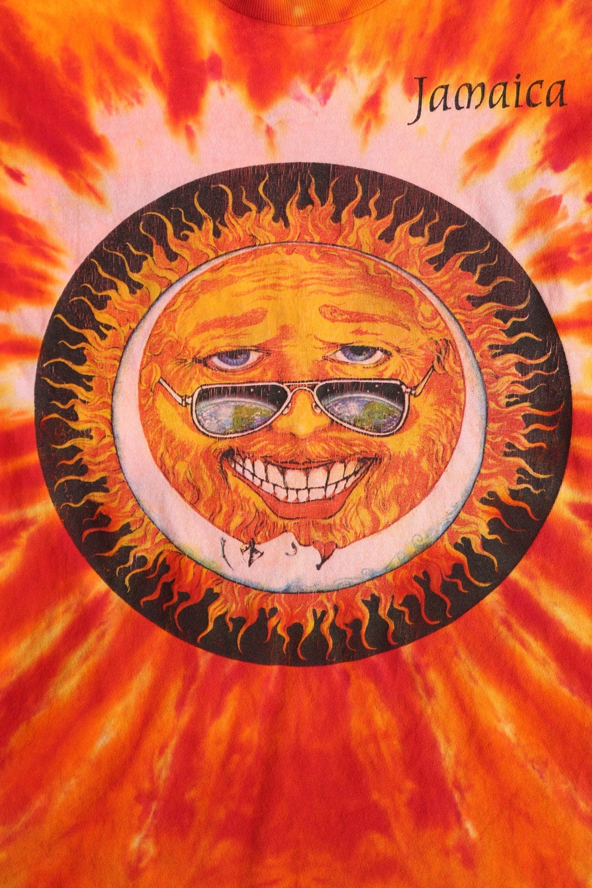 Jamaica Sun and Moon Face Red and Yellow Tie Dye Graphic T-shirt