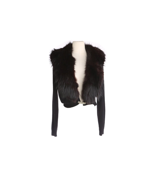 Vintage Women Black Cardigan Sweater with Black Fur Collar by Lilly of California - Estimated Era 1950's - 1960's