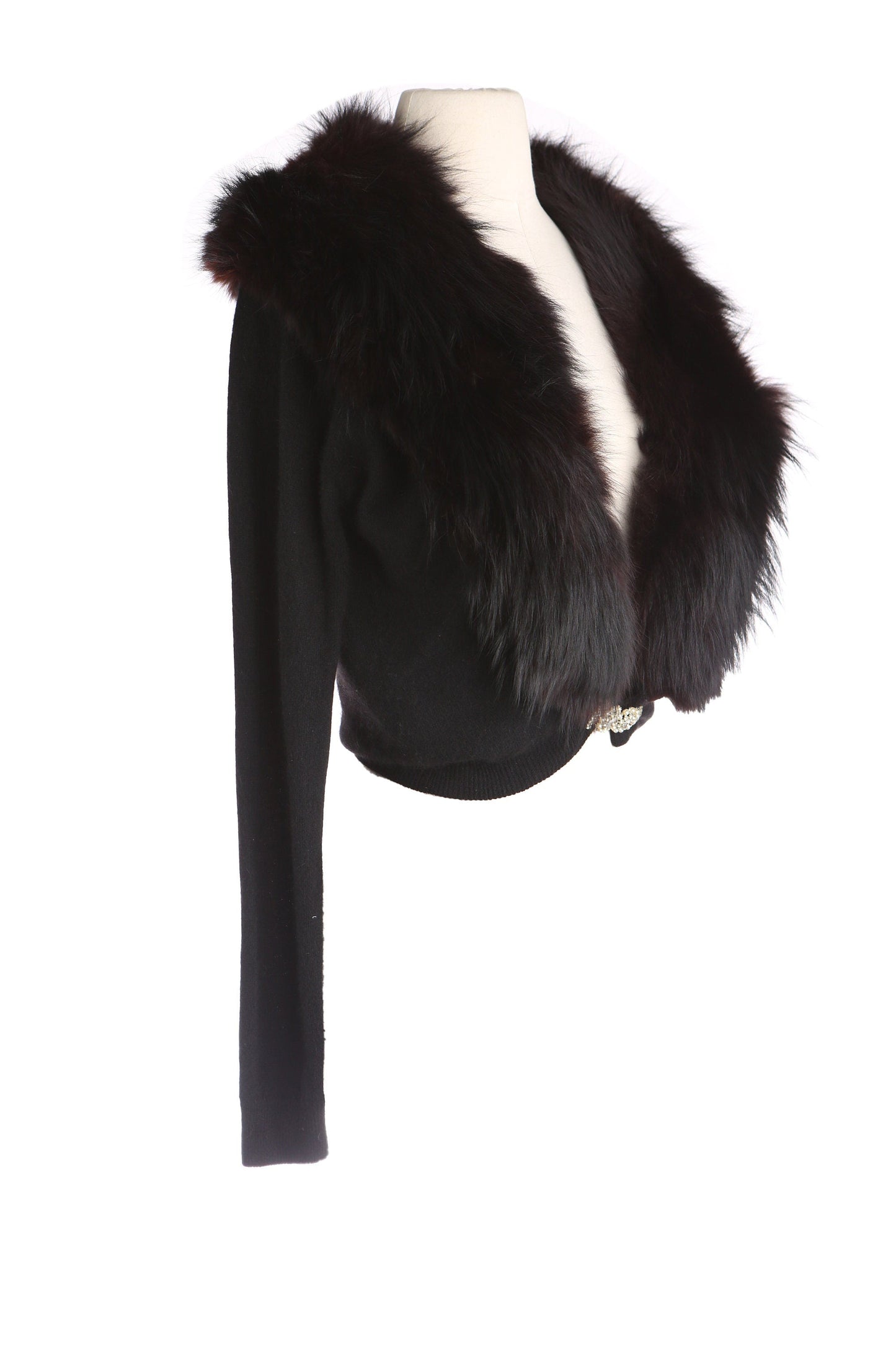 Vintage Women Black Cardigan Sweater with Black Fur Collar by Lilly of California - Estimated Era 1950's - 1960's