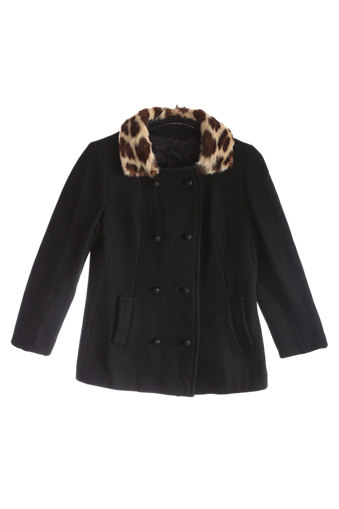 Vintage Women's Black Winter Coat with Leopard Print Fur Collar - Estimated Era 1950's - 1960's