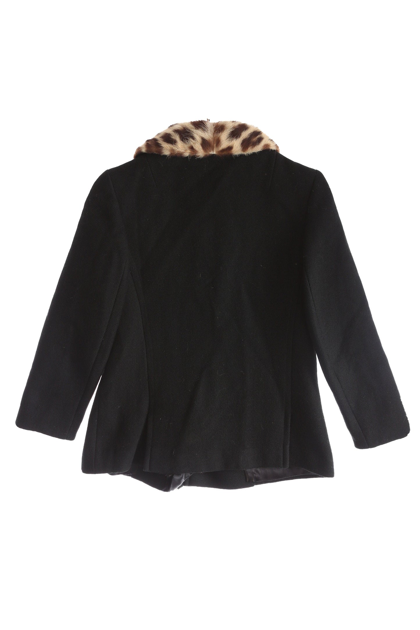 Vintage Women's Black Winter Coat with Leopard Print Fur Collar - Estimated Era 1950's - 1960's