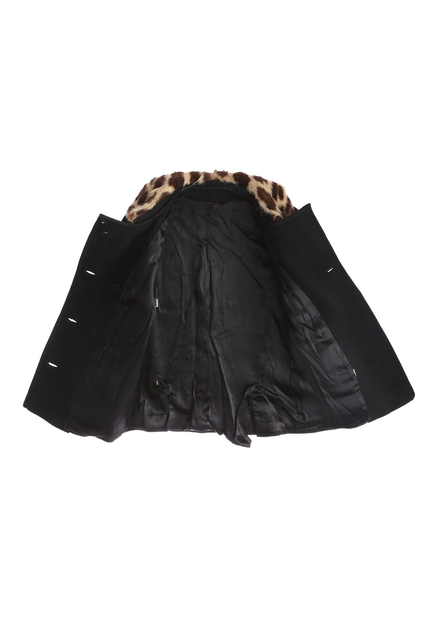 Vintage Women's Black Winter Coat with Leopard Print Fur Collar - Estimated Era 1950's - 1960's