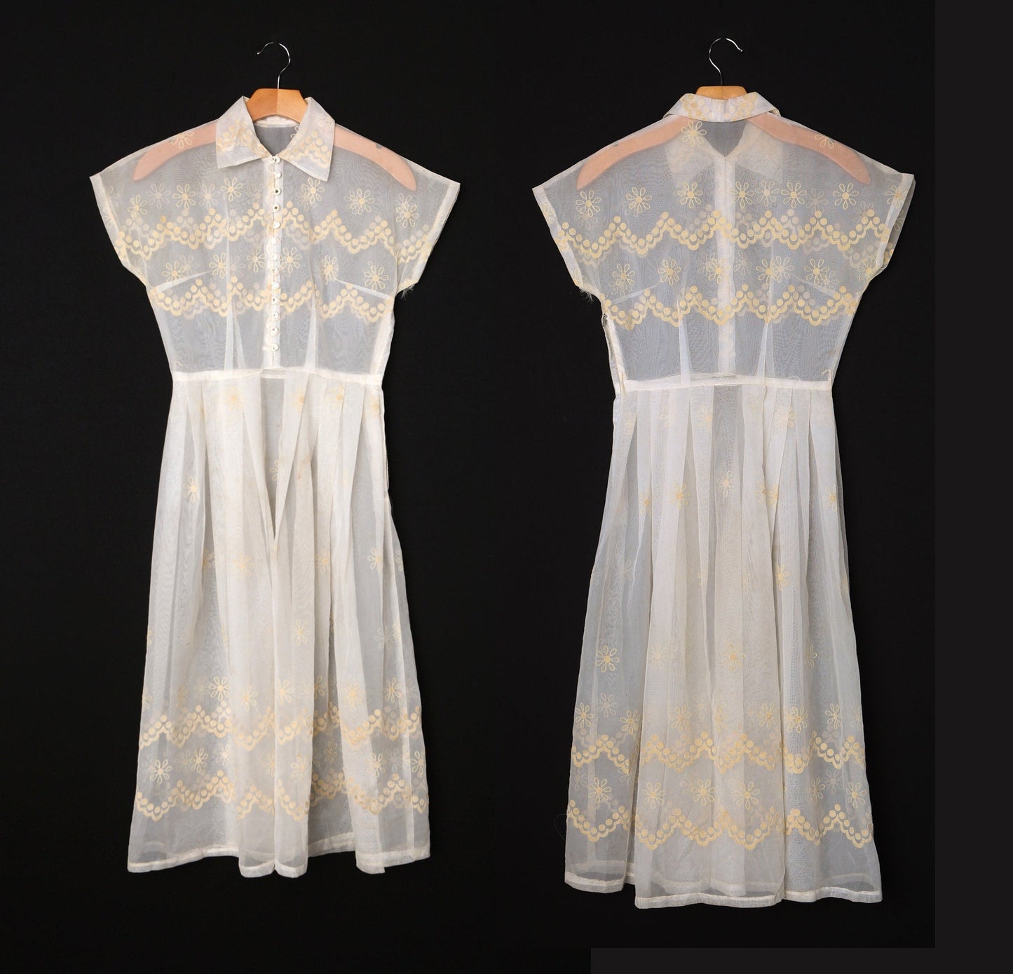 1950's White Sheer Dress / Floral Pattern / Vintage / Short Sleeve