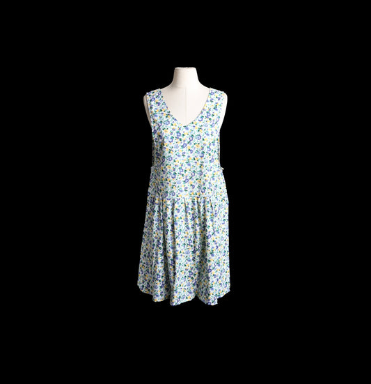 1990s Dress / Blue Floral Print / Sleeveless