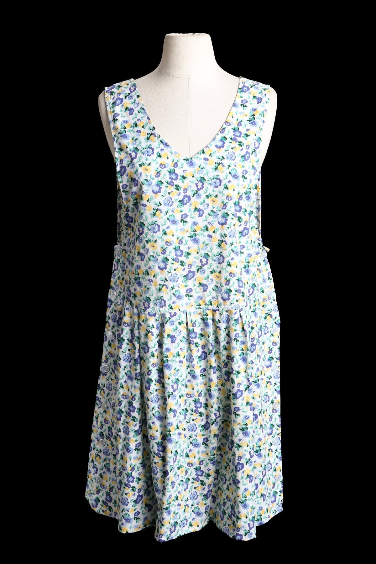 1990s Dress / Blue Floral Print / Sleeveless