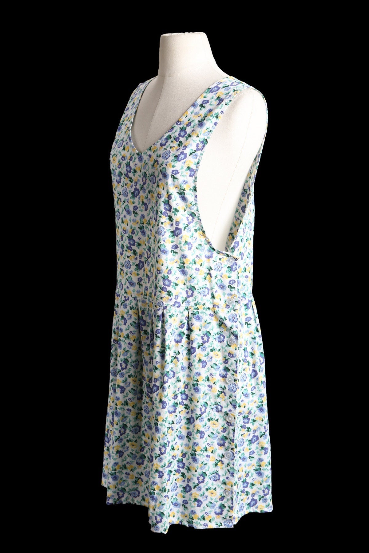 1990s Dress / Blue Floral Print / Sleeveless
