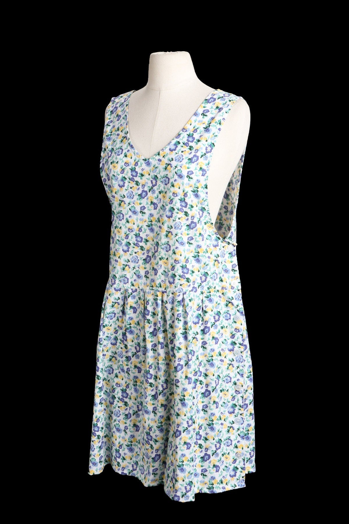 1990s Dress / Blue Floral Print / Sleeveless