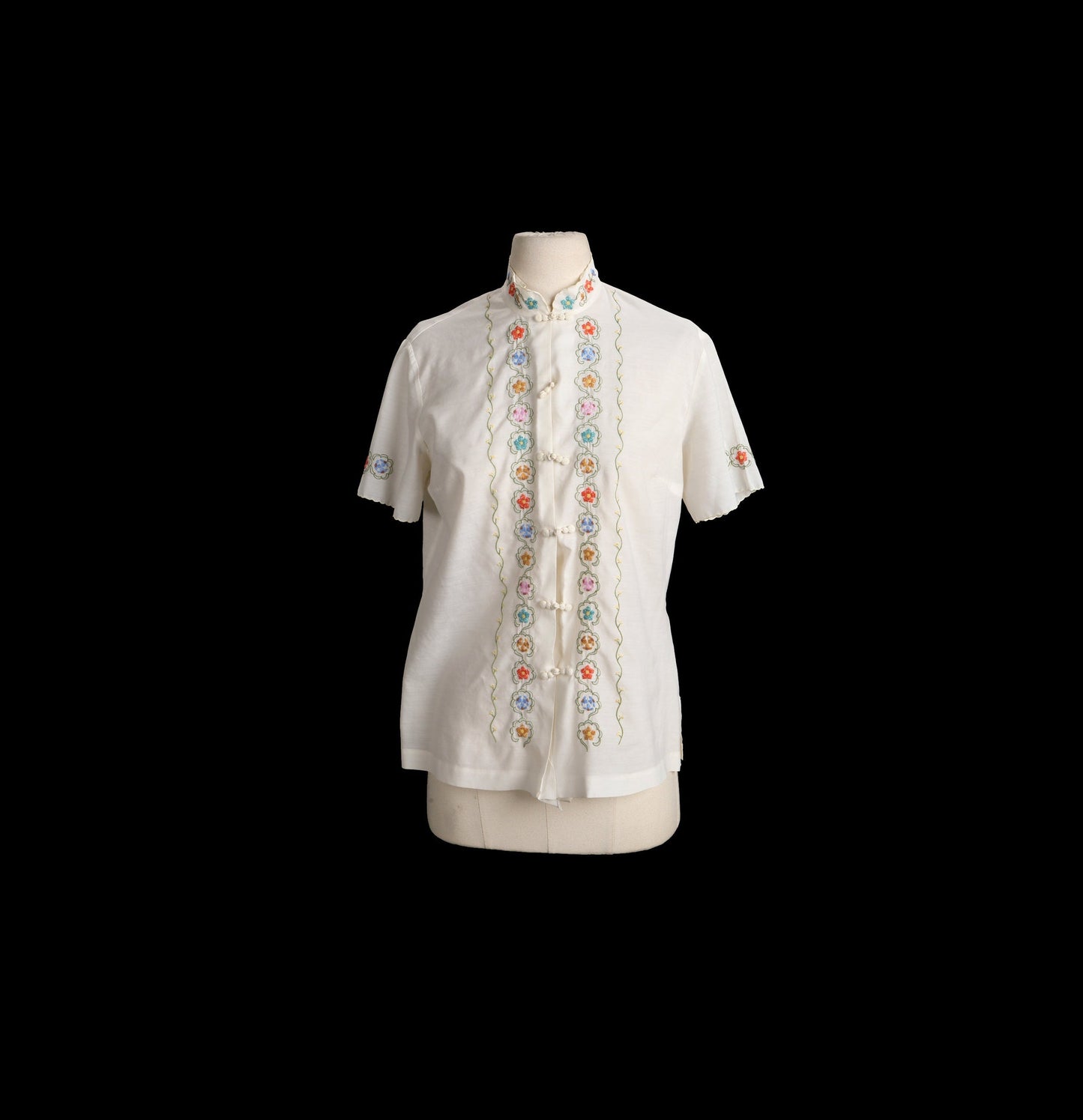 Vintage Women Floral Embroidered Cheongsam Top - Era 1970s - 1980s