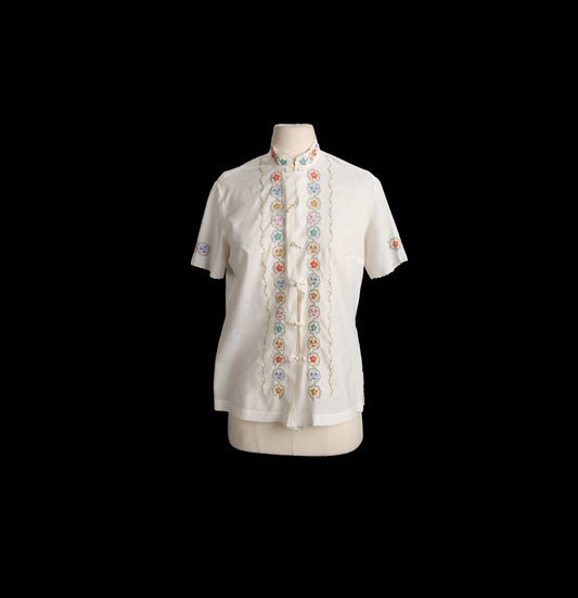 Vintage Women Floral Embroidered Cheongsam Top - Era 1970s - 1980s
