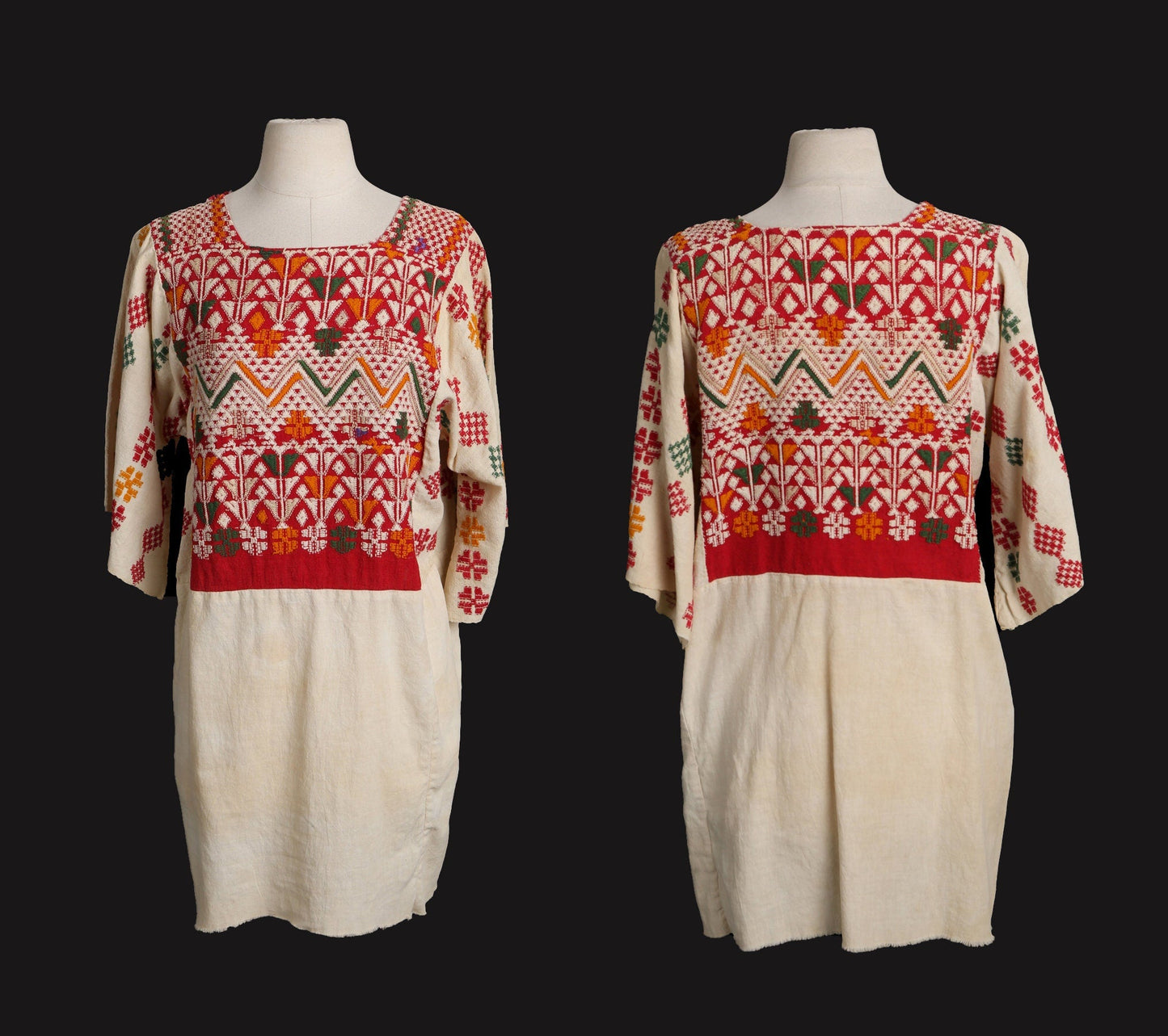 Vintage Embroidered Dress / 3/4 Sleeve / 1970s - 1980s