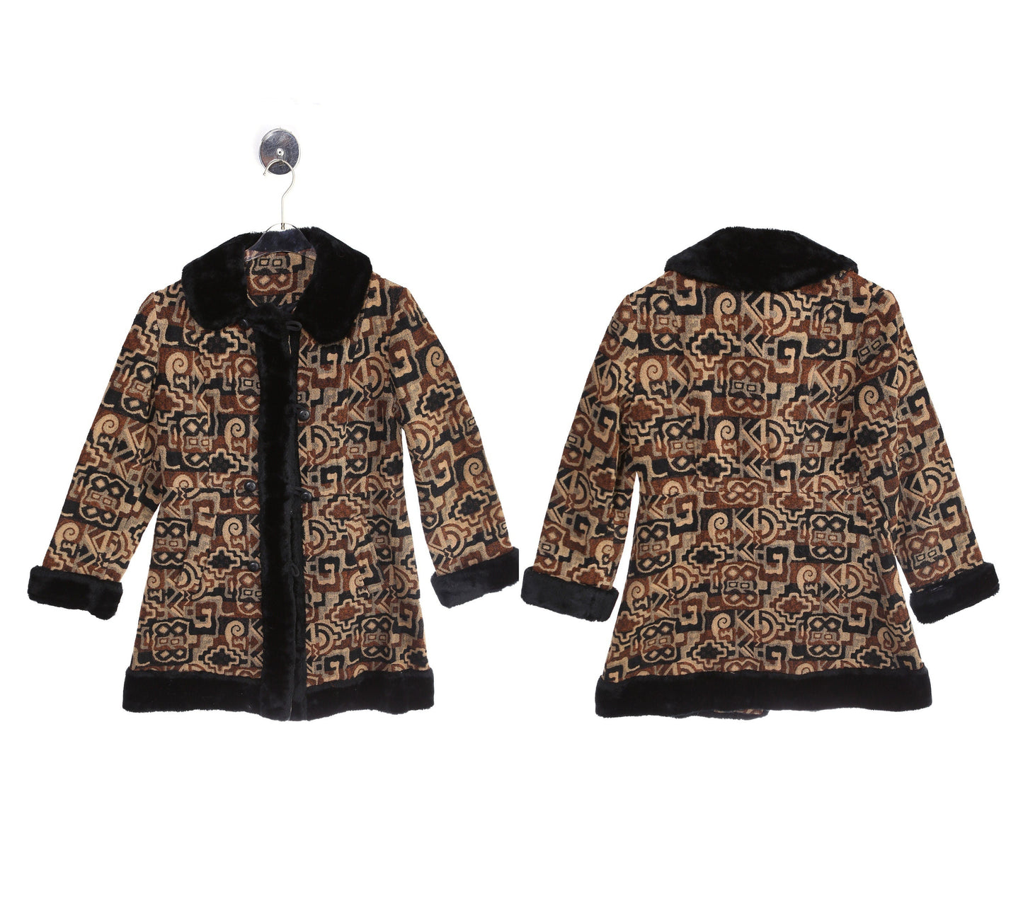Vintage Women's Winter Coat with Geometric Fabric Pattern by Betty Rose - Estimated Era 90s - Y2K