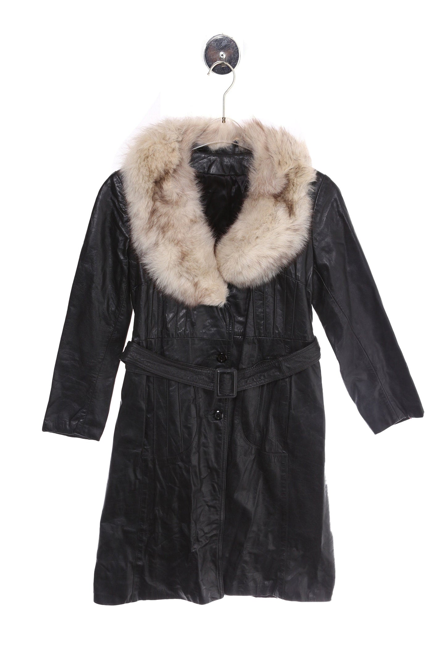 Vintage Women's Black Leather Winter Coat with White Fur Collar