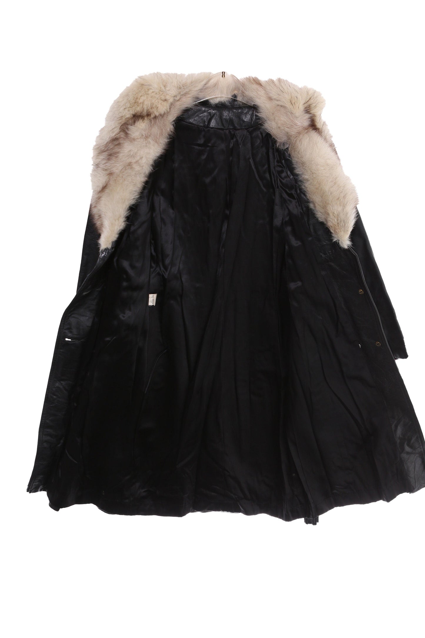 Vintage Women's Black Leather Winter Coat with White Fur Collar
