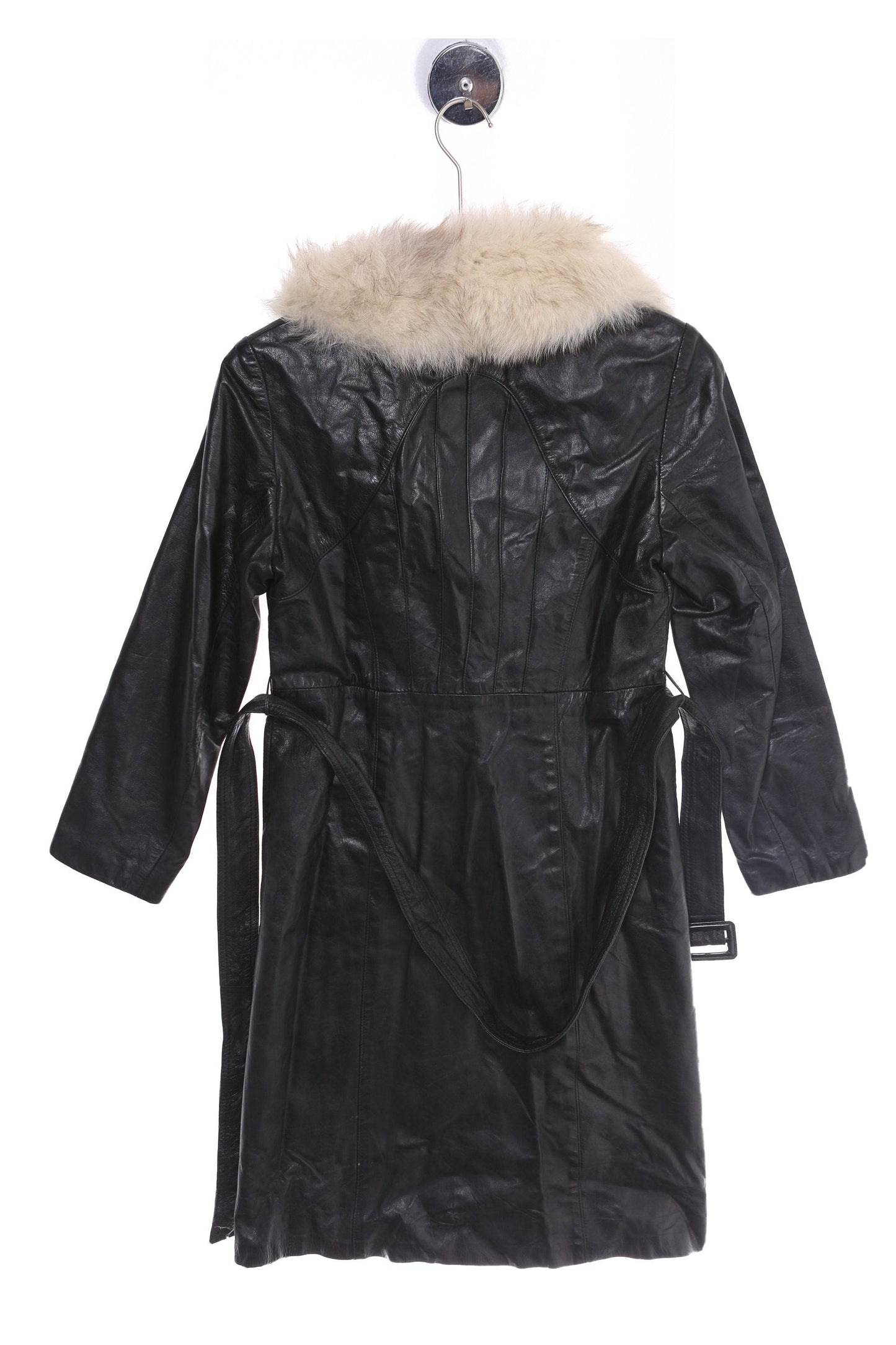 Vintage Women's Black Leather Winter Coat with White Fur Collar