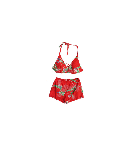Vintage Women Two Piece Bikini Suit with Floral Red Print by Royal Palm Hawaii (Women's Small Size)
