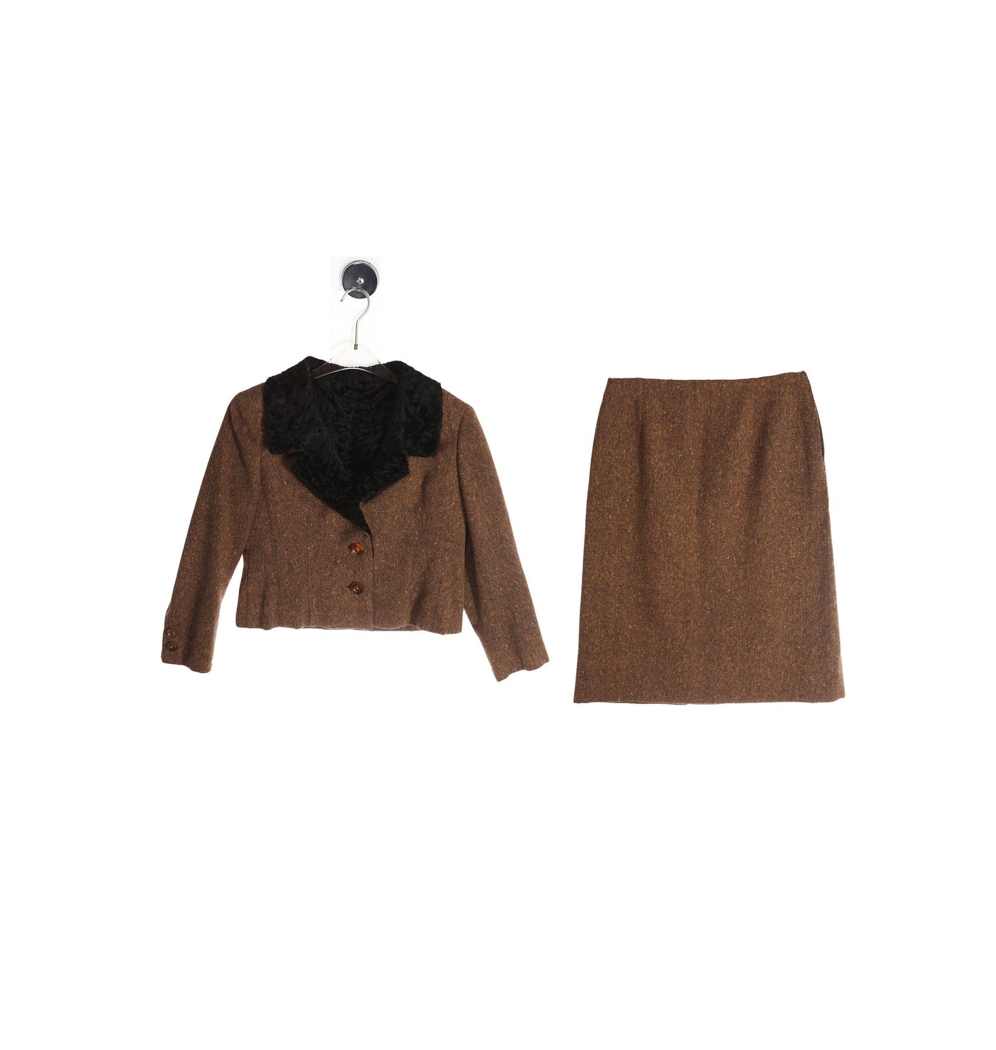 Vintage Women's Brown Casual Suit with Black Fur Lining - Estimated Era 1950's - 1960's