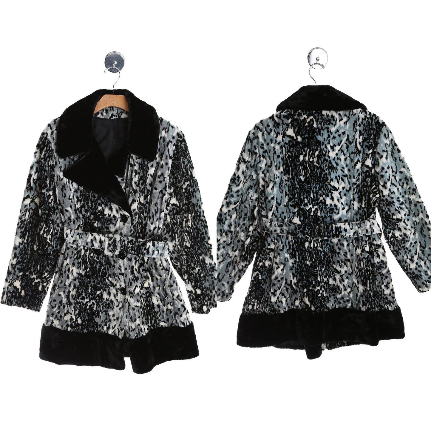 Vintage Women 1970's Gray Lepard Print Faux Fur Winter Coat