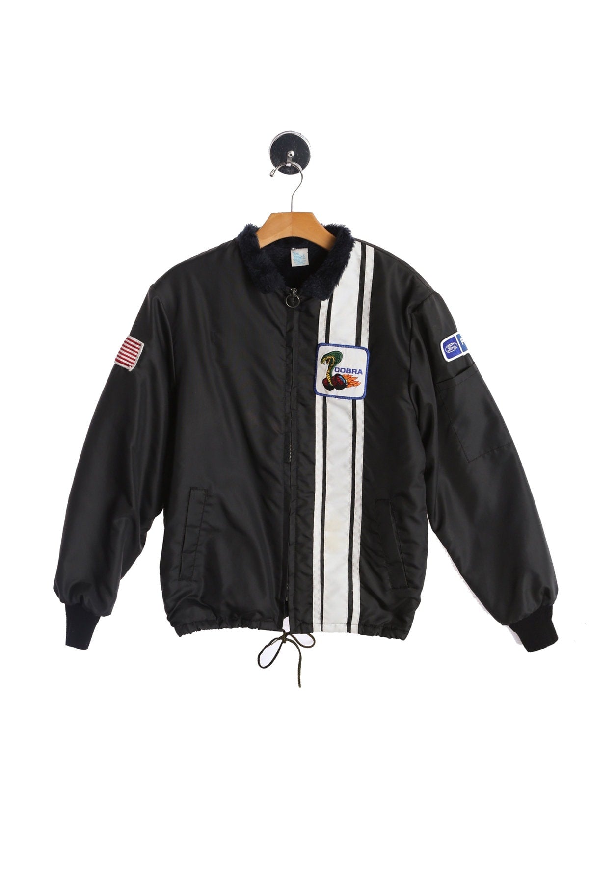 Vintage Black Nylon Racing Jacket with Cobra and USA Flag Patch