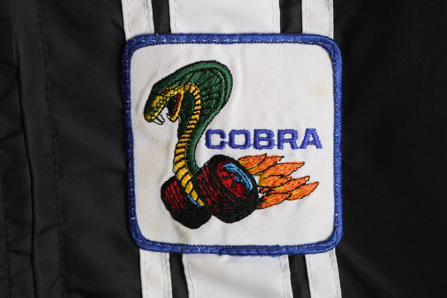 Vintage Black Nylon Racing Jacket with Cobra and USA Flag Patch