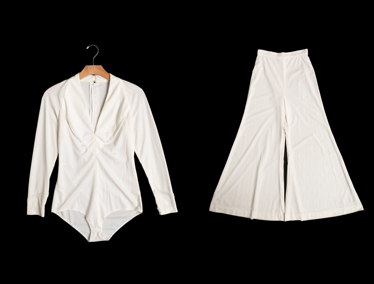 1970s White Suit / Leotard and Pants / Bell Bottom Pants / Polyester