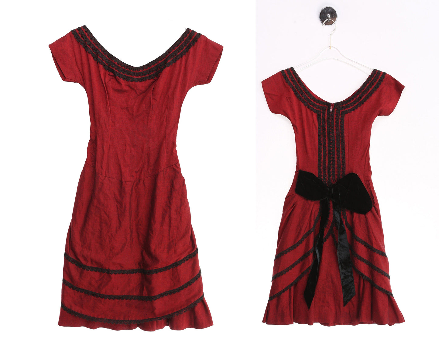 Vintage Evening Dress / 1940s - 1950s / Red / Short Sleeve