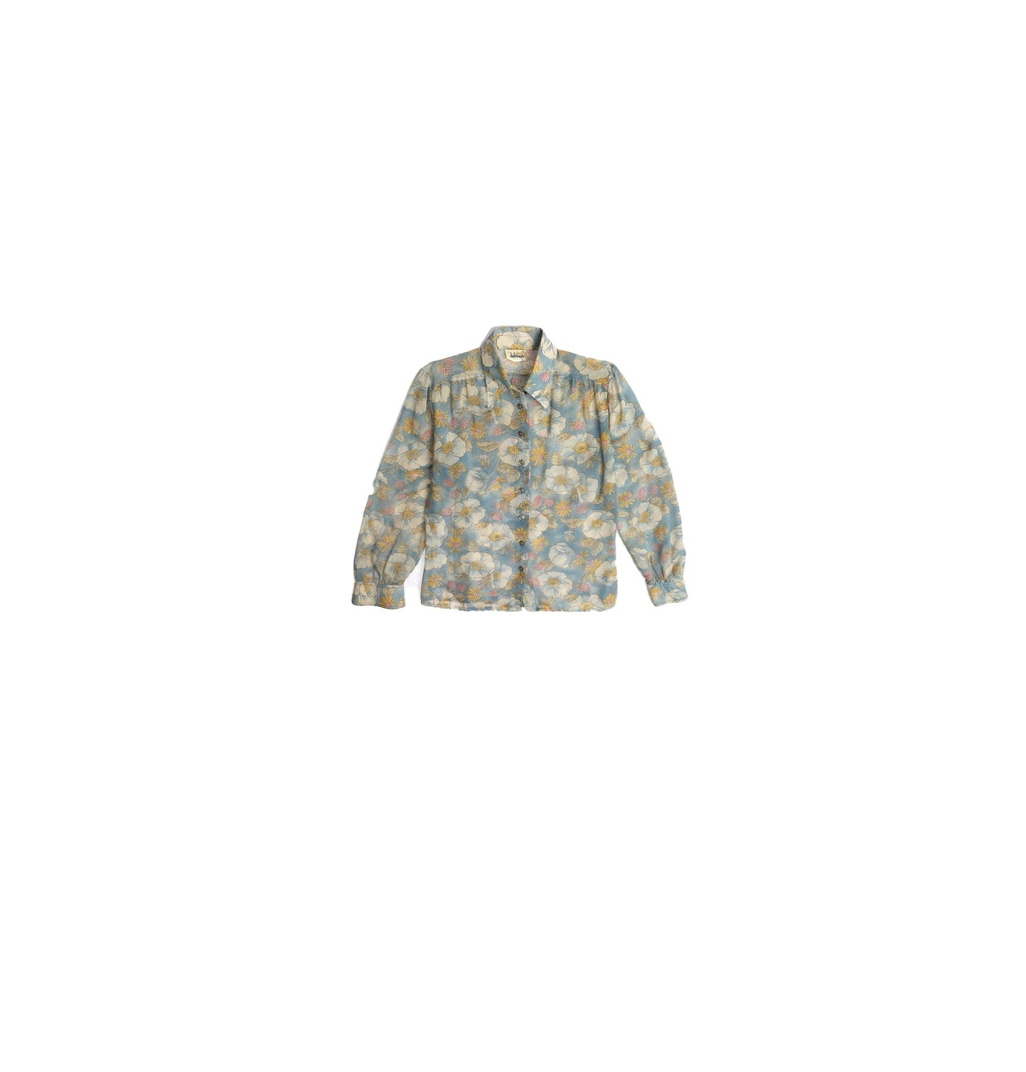 1970's Women Floral Print Blue Summer Blouse