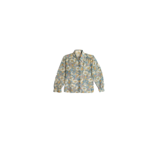 1970's Women Floral Print Blue Summer Blouse