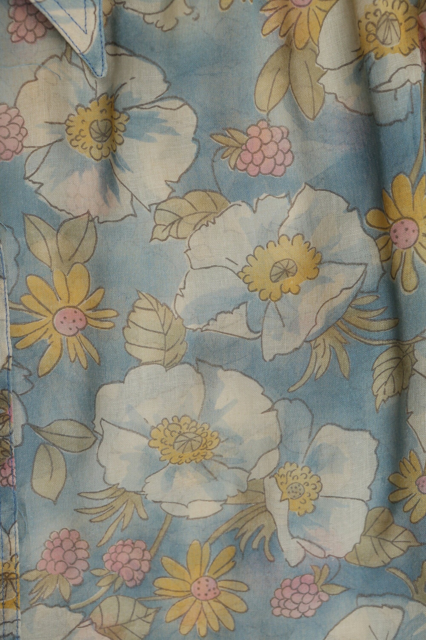 1970's Women Floral Print Blue Summer Blouse