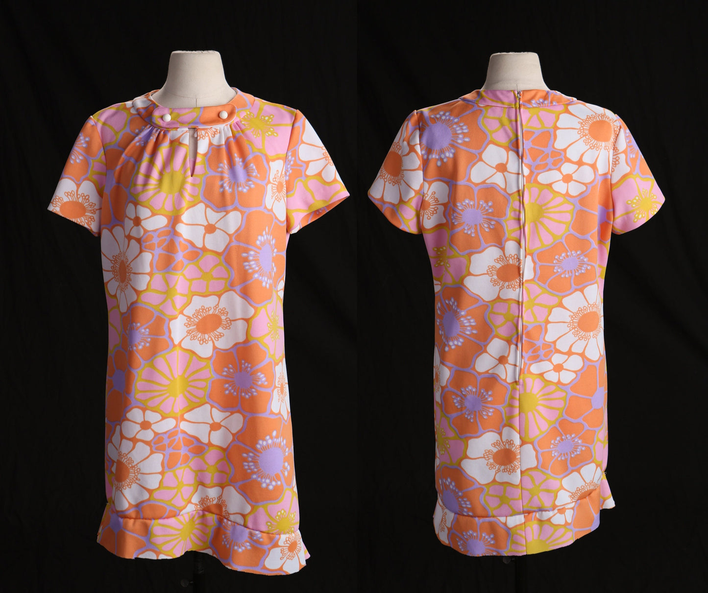 70's Women Floral Print Orange Poly Dress