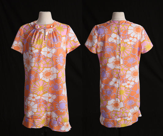70's Women Floral Print Orange Poly Dress