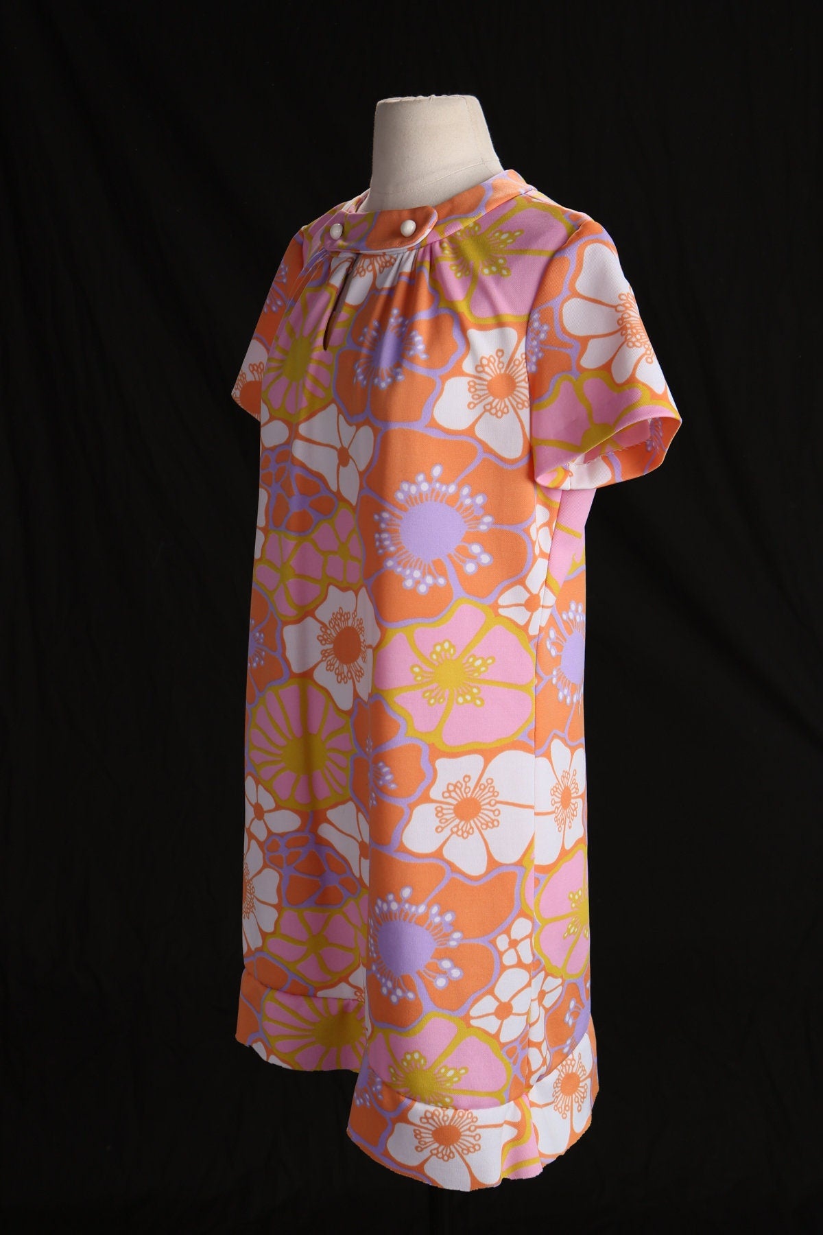 70's Women Floral Print Orange Poly Dress