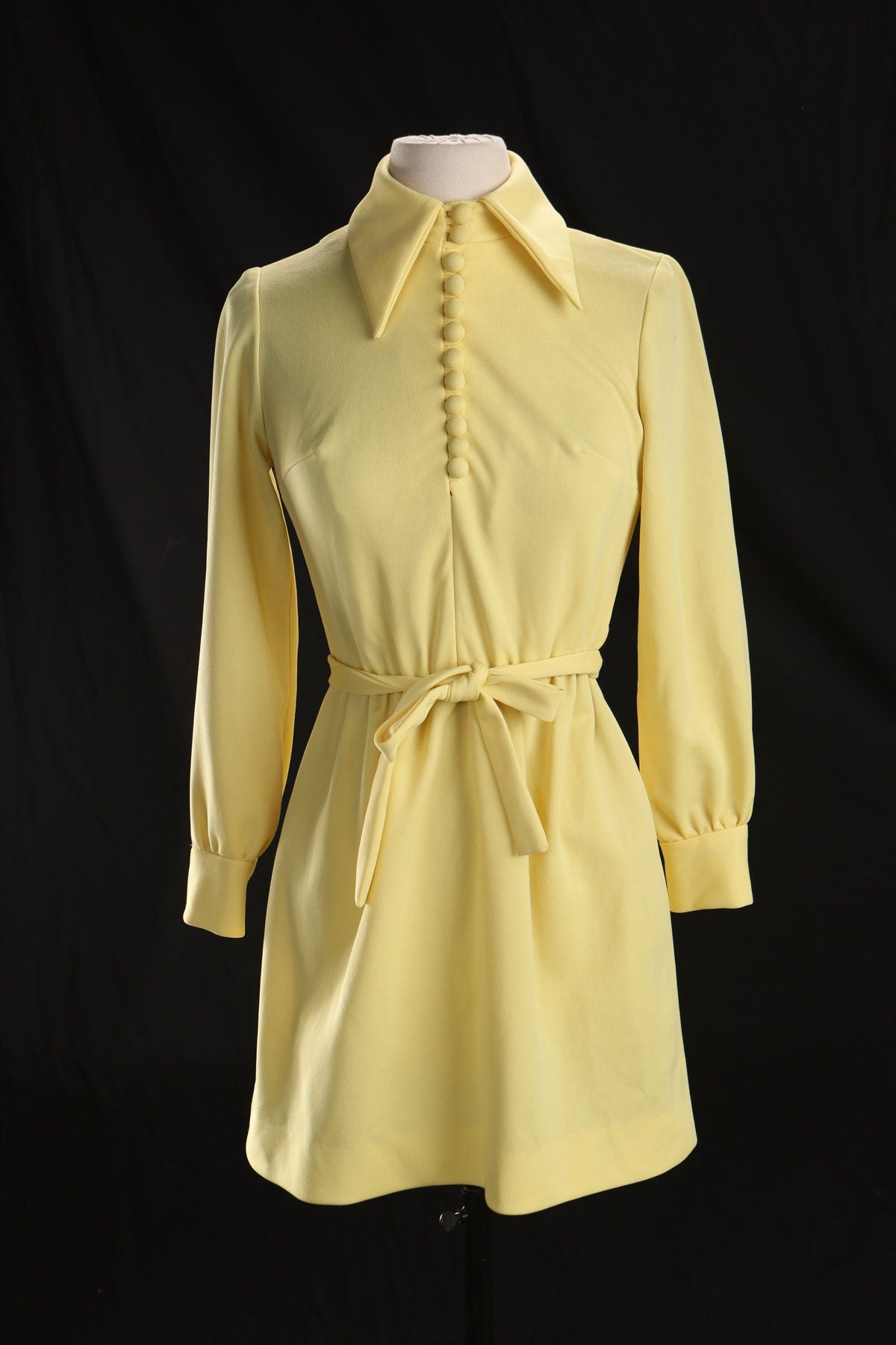 70's Women Yellow Long Sleeve Poly Casual Dress