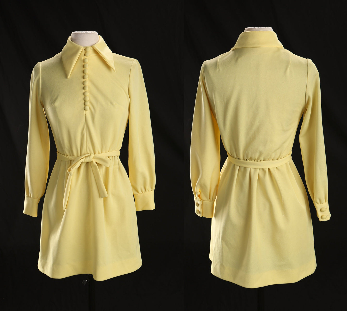 70's Women Yellow Long Sleeve Poly Casual Dress